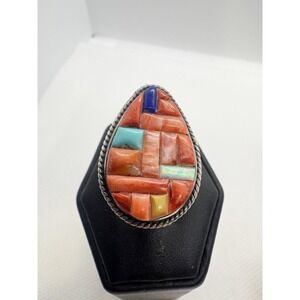 Navajo Sterling Silver Inlay Ring Size 5.75 Signed SG Native American Coral Opal